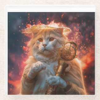 Cat Wizard With Magic Staff Amidst Flames Glass Coaster