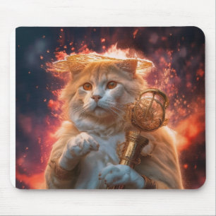 Cat Wizard With Magic Staff Amidst Flames Mouse Pad