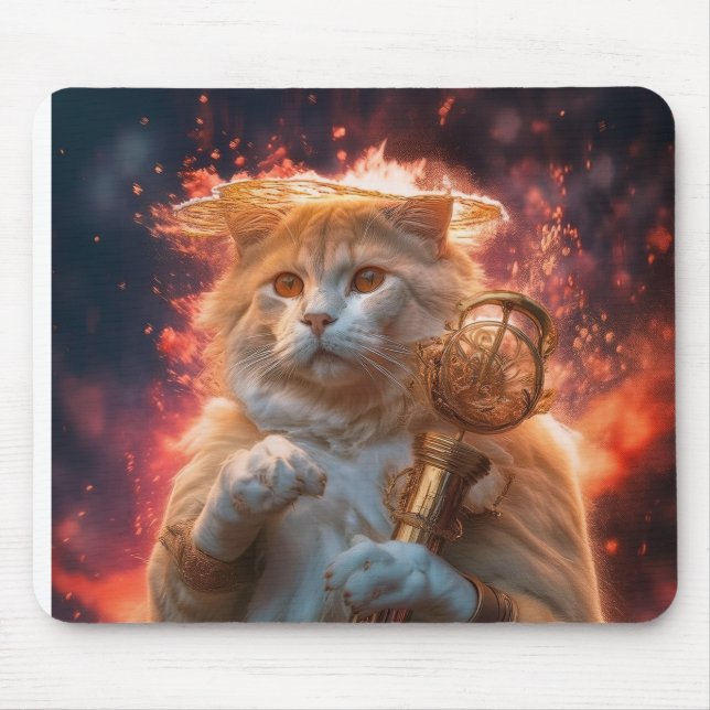 Cat Wizard With Magic Staff Amidst Flames Mouse Pad (Front)