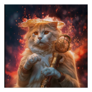 Cat Wizard With Magic Staff Amidst Flames Poster