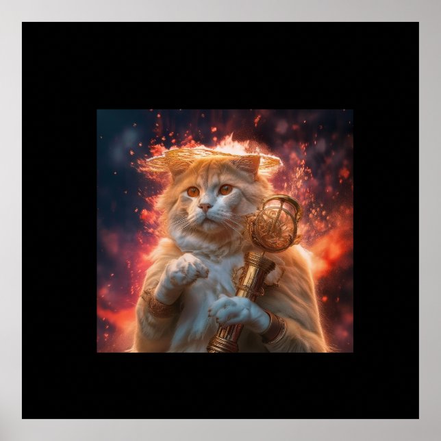 Cat Wizard With Magic Staff Amidst Flames Poster (Front)
