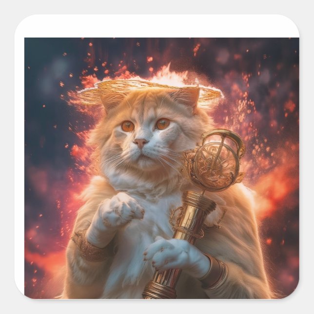 Cat Wizard With Magic Staff Amidst Flames Square Sticker (Front)