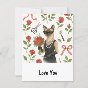 Cat Woman in Black dress holds red roses Postcard