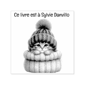 Cat wooden insert with wool hat. self-inking stamp