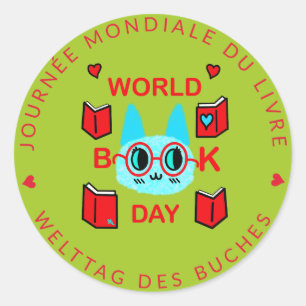 Cat World Book Day / Journée Mondiale du Livre Classic Round Sticker
