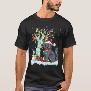 Cat Xmas Lighting Tree Santa Hat Russian Blue Cat  T-Shirt