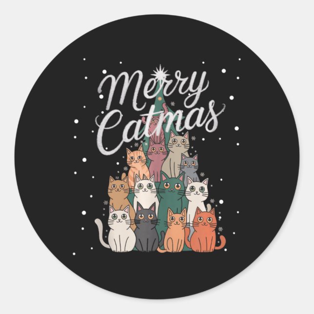 Cat Xmas Tree Cats Christmas Tree Marry Catmas  Classic Round Sticker (Front)