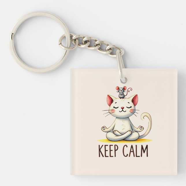 Cat Yoga Pose - Keep Calm Key Ring (Front)