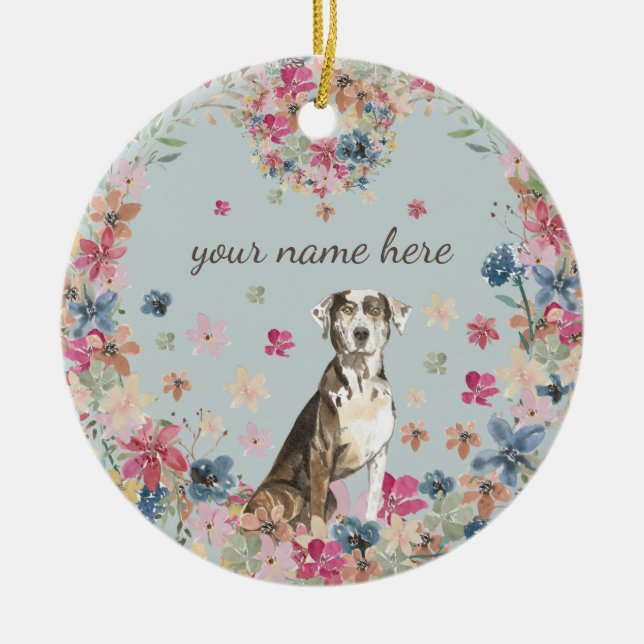 Catahoula Leopard Dog Puppy flower print Ceramic Ornament (Front)