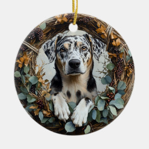 Catahoula Leopard Dog Wreath Ceramic Ornament