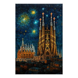 Catalan Starry Night   Gaudí Meets Van Gogh Poster