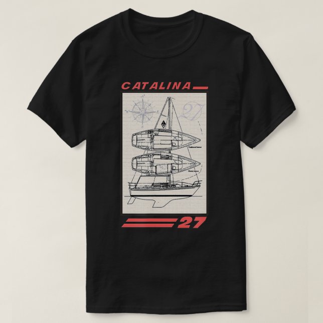 Catalina 27 Sailboat Line Drawing  T-Shirt (Design Front)