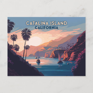 Catalina Island California Boats Sunset Retro Postcard