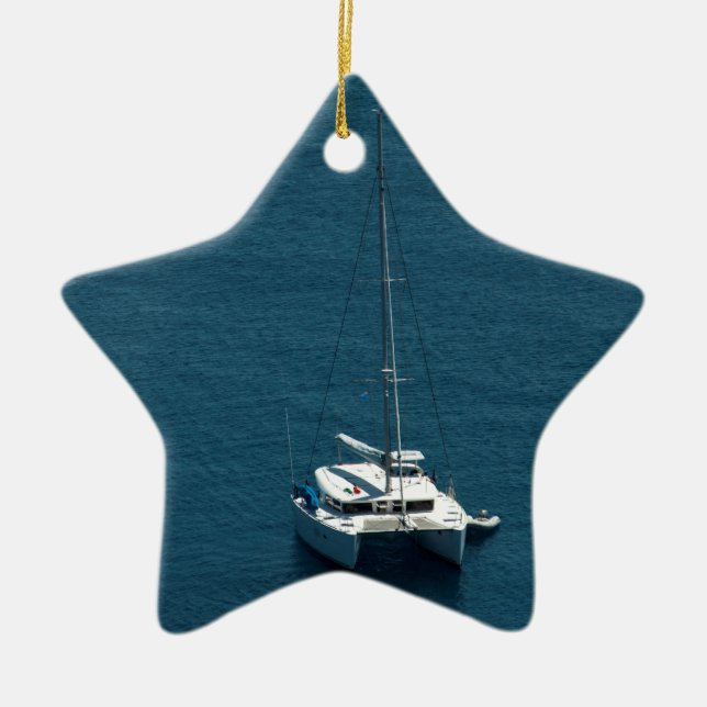 Catamaran moored offshore ceramic ornament (Front)