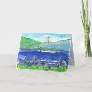 Catamaran Mountain Lake Watercolor Happy Birthday Card