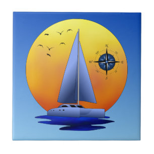 Catamaran Sailboat And Compass Rose Ceramic Tile