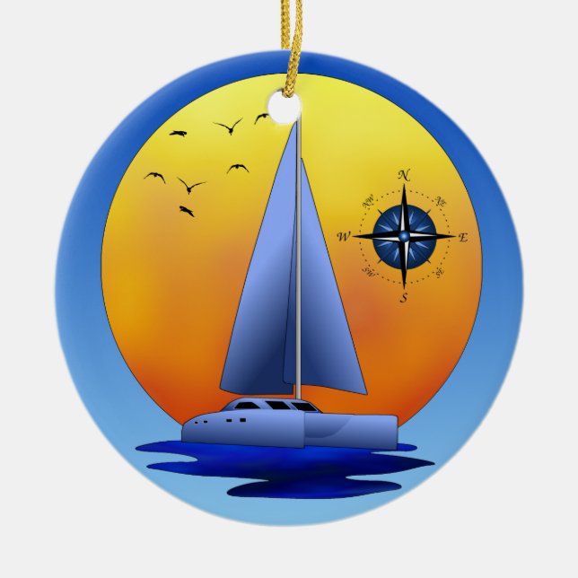 Catamaran Sailboat And Compass Rose Ceramic Tree Decoration (Front)
