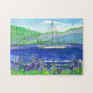 Catamaran Sailboat Purple Lupines Mountain Lake Jigsaw Puzzle