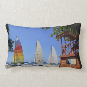 Catamarans And Lifeguard Stand On Beach Lumbar Cushion