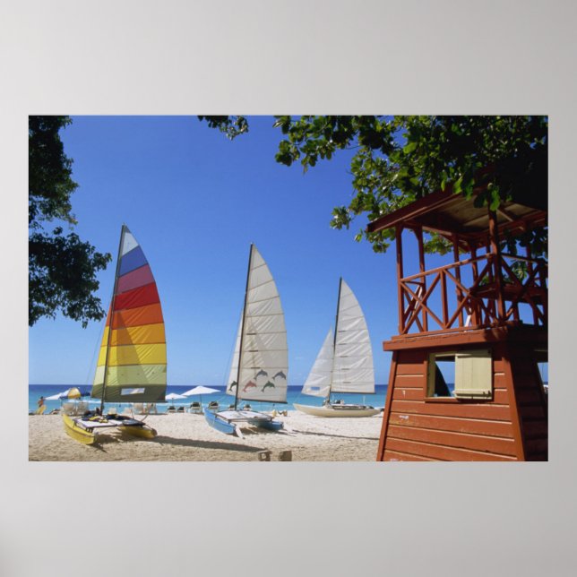 Catamarans And Lifeguard Stand On Beach Poster (Front)