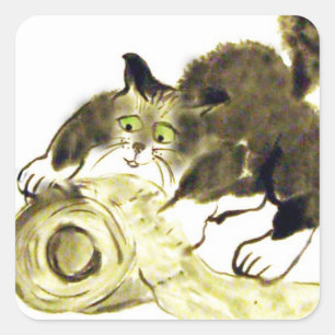 Catbotage - kitten and toilet paper, Sumi-e Square Sticker