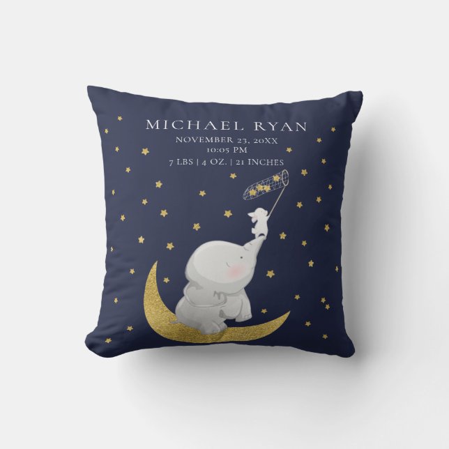 Catch A Star Elephant Baby Birth Stats Pillow (Front)