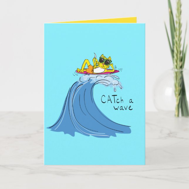 Catch a Wave Surfing Cat Funny Greeting Card (Front)