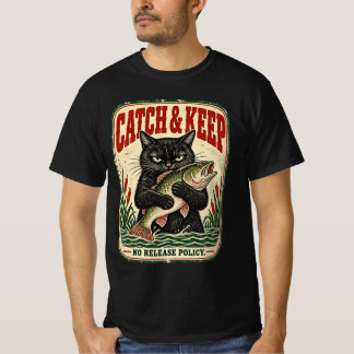 Catch & Keep Vintage Black Cat Fishing Art T-Shirt