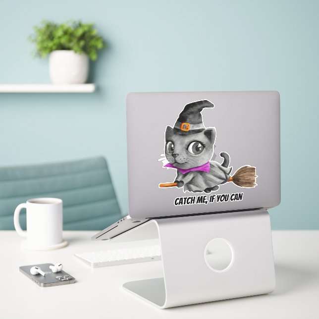 CATCH ME IF YOU CAN FUNNY CAT Sticker (Laptop On Desk)