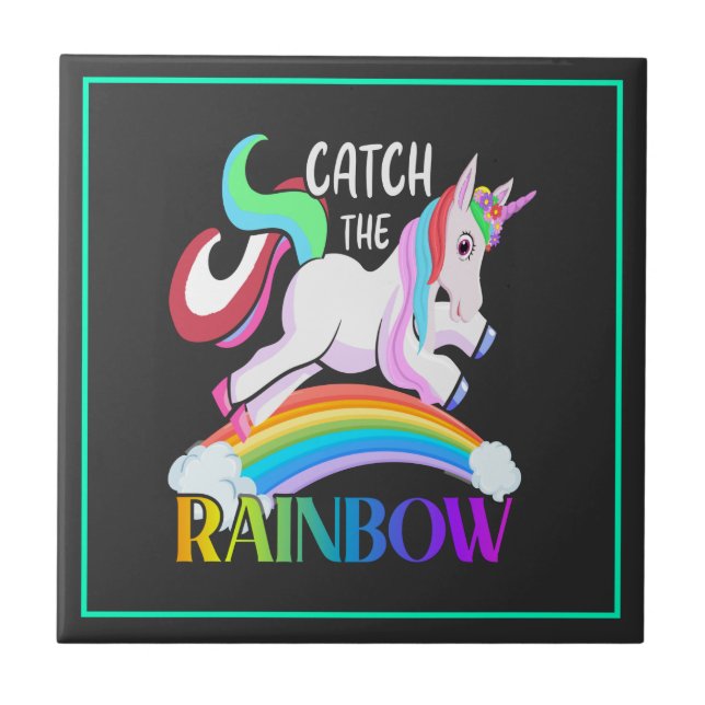 Catch the Rainbow Unicorn Design Ceramic Tile (Front)