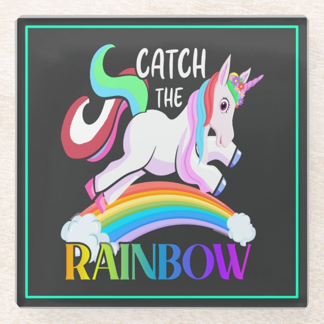 Catch the Rainbow Unicorn Design Glass Coaster (Front)