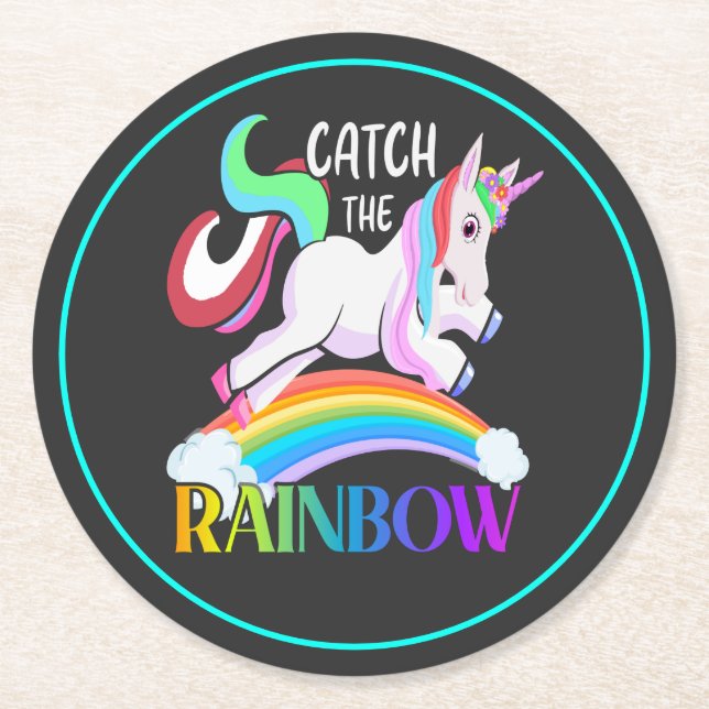 Catch the Rainbow Unicorn Design Round Paper Coaster (Front)