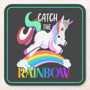 Catch the Rainbow Unicorn Design Square Paper Coaster