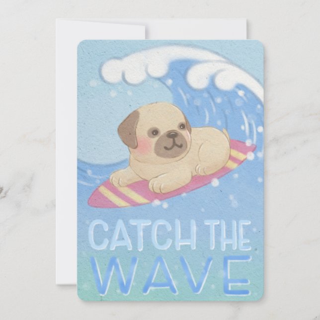 Catch the Wave: Pug Surfer Illustration Thank You Card (Front)