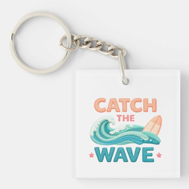 Catch the Wave Surfing Ocean Wave and Surfboard Key Ring (Front)