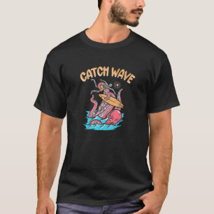 Catch Wave Surfer Octopus Skeleton Surfboard Surfi T-Shirt
