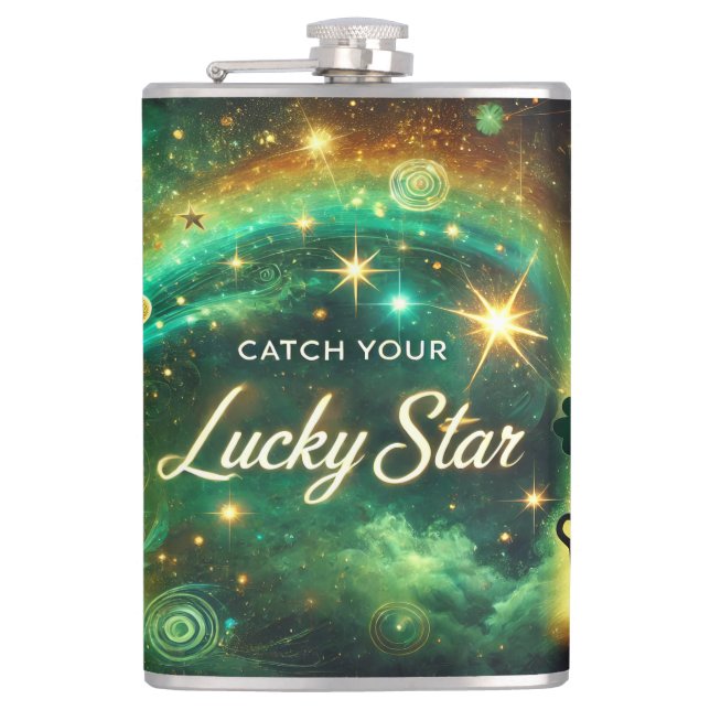 Catch Your Lucky Star Celestial Green Gold Hip Flask (Front)