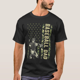 Catcher Baseball Men Camo American Flag Baseball T-Shirt