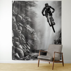 Catching Air - Mountain Bike Digital Pencil Sketch Tapestry
