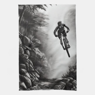 Catching Air - Mountain Bike Digital Pencil Sketch Tea Towel