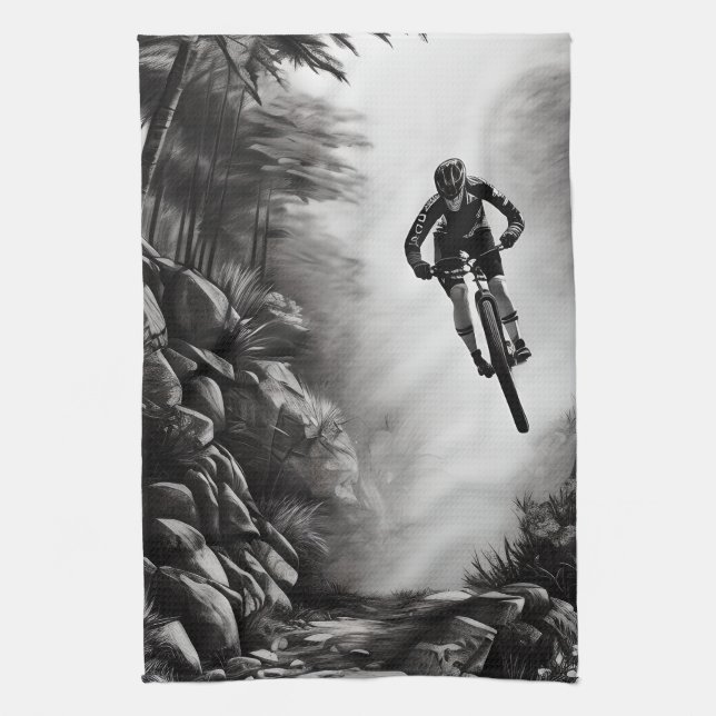 Catching Air - Mountain Bike Digital Pencil Sketch Tea Towel (Vertical)
