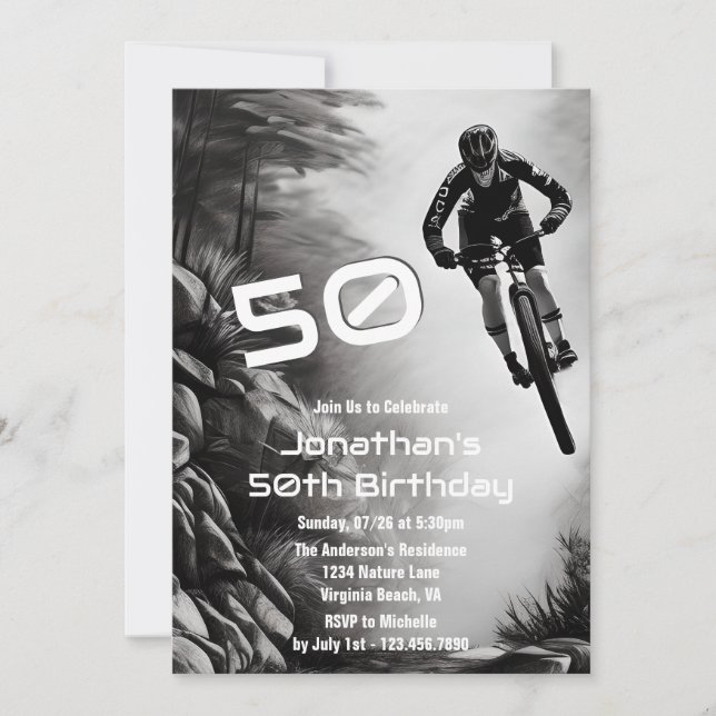 Catching Air - Mountain Bike Sketch 50th Birthday Invitation (Front)