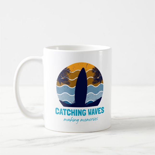 Catching Waves Retro Surfboard Beach Art Coffee Mug (Left)