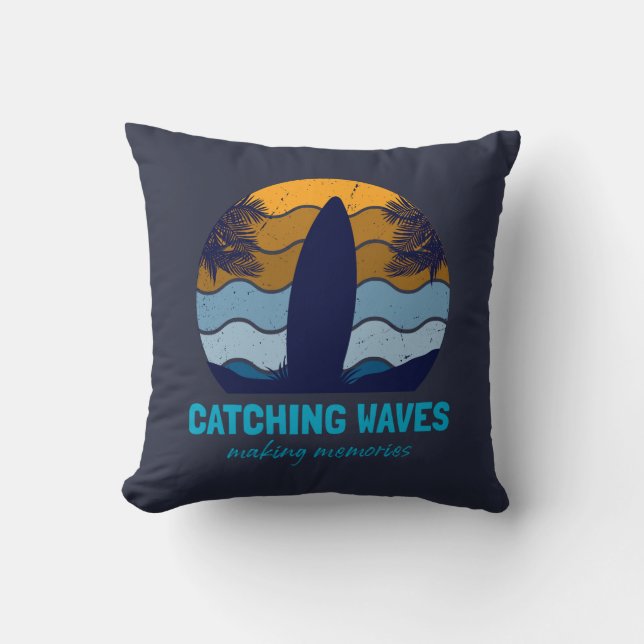 Catching Waves Retro Surfboard Beach Art Cushion (Front)