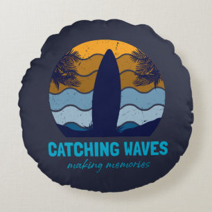 Catching Waves Retro Surfboard Beach Art Round Cushion