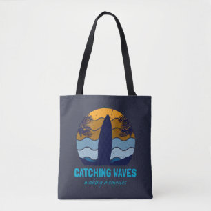 Catching Waves Retro Surfboard Beach Art Tote Bag