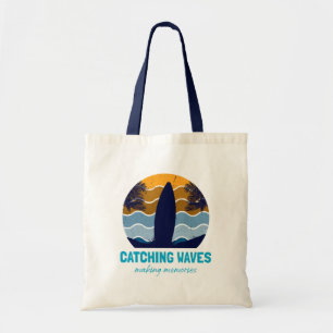 Catching Waves Retro Surfboard Beach Art Tote Bag
