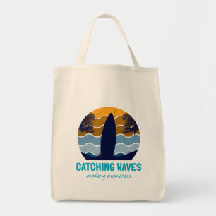 Catching Waves Retro Surfboard Beach Art Tote Bag