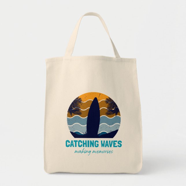Catching Waves Retro Surfboard Beach Art Tote Bag (Front)