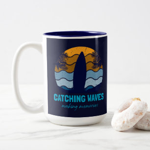 Catching Waves Retro Surfboard Beach Art Two-Tone Coffee Mug